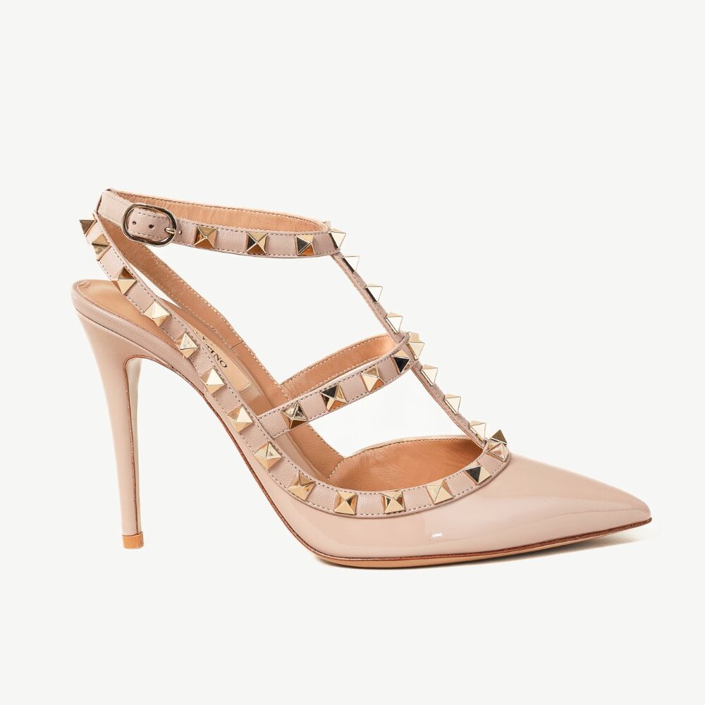 Valentino Garavani Poudre Rockstud Patent Leather Ankle Strap Pumps